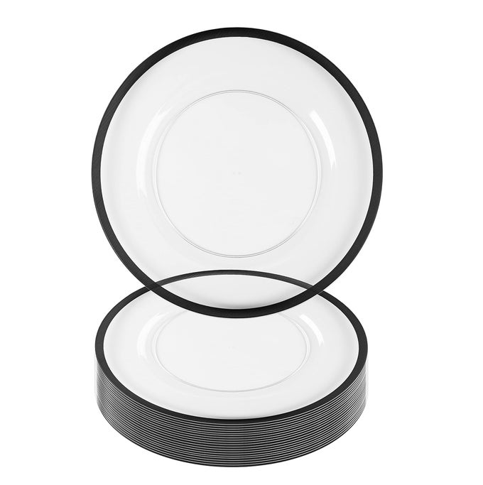 13INCH CHARGER PLATES 16 PACK CLEAR BLACK RIM HEAVYDUTY DISPOSABLE CHARGERS FOR ELEGANT DINING IDEAL FOR WEDDINGS AND FORMAL EVENTS
