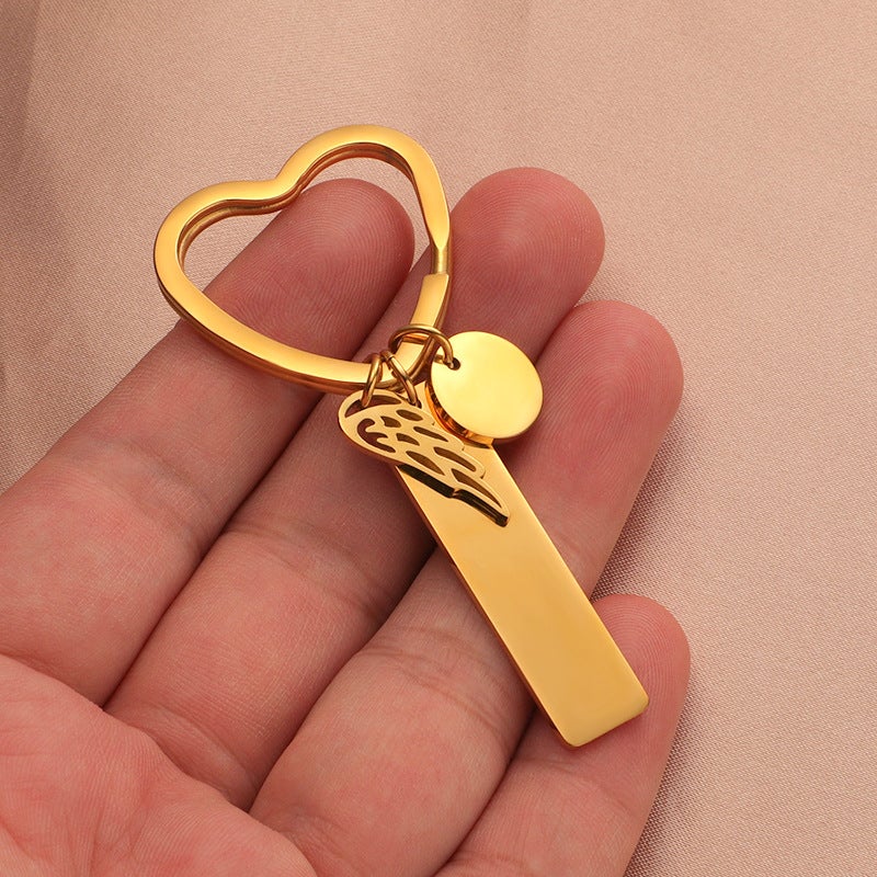 New Stainless Steel Love Ring Round Piece Small Wings Long Anti-Lost Brand Code Engraved Logo Key Chain Pendant - Image 5