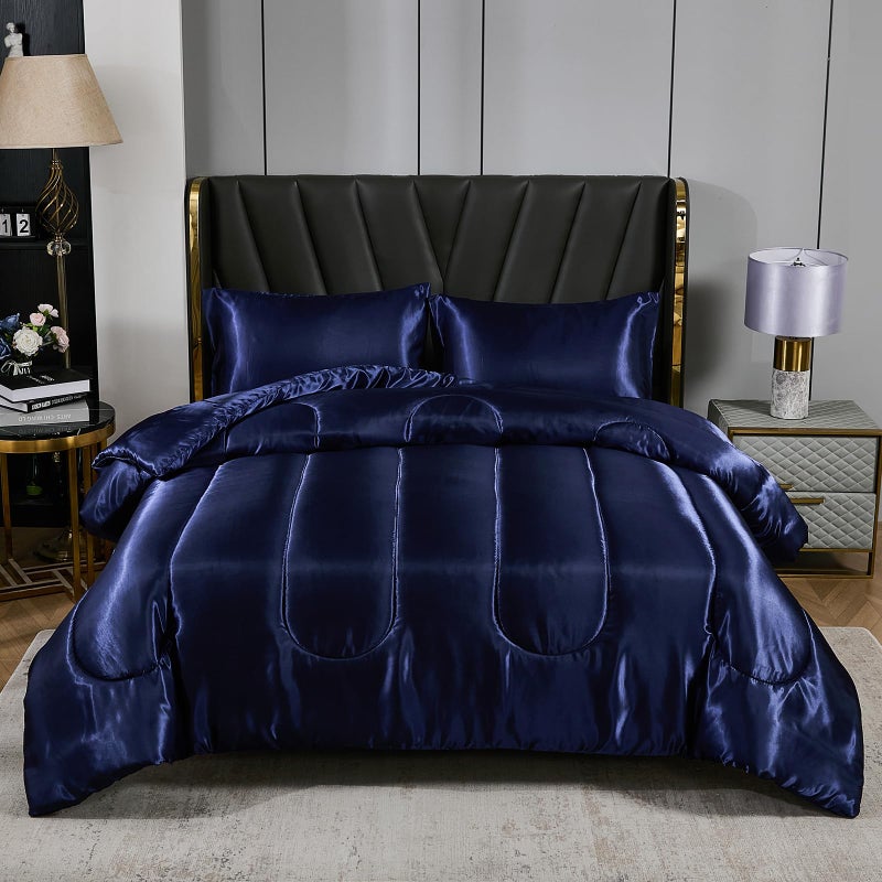 Satin Comforter Set King Silk Like Silky Bedding Set Luxury Hotel Silky Bed Home Deocr Navy Blue Soft Down Comforter Silky Quilt Set