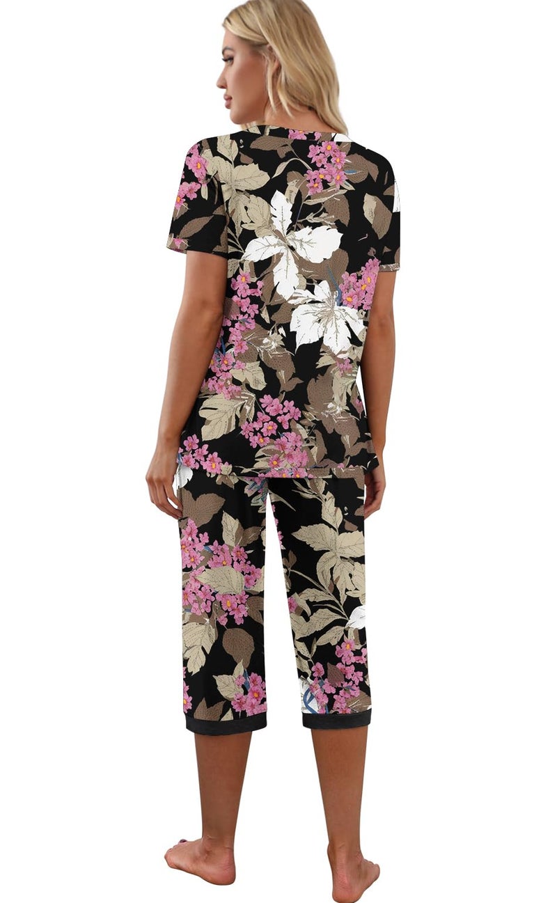 PrinStory Women's Pajama Set Short Sleeve Shirt and Capri Pants Sleepwear Pjs Sets with Pockets FP-Big Leaf Pink-Large - Image 5