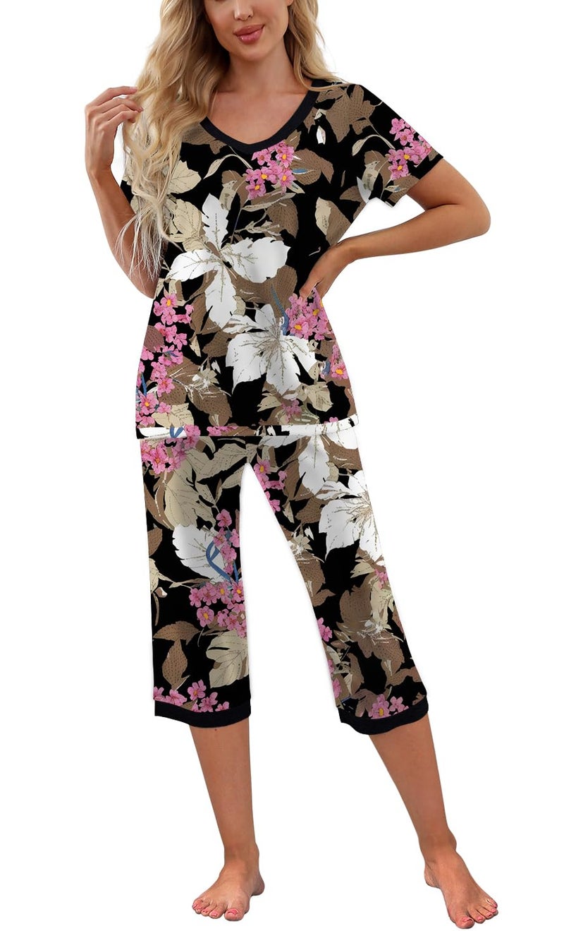 PrinStory Women's Pajama Set Short Sleeve Shirt and Capri Pants Sleepwear Pjs Sets with Pockets FP-Big Leaf Pink-Large - Image 2