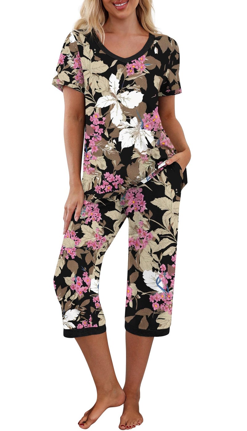 PrinStory Women's Pajama Set Short Sleeve Shirt and Capri Pants Sleepwear Pjs Sets with Pockets FP-Big Leaf Pink-Large - Image 1