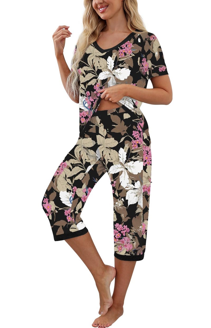PrinStory Women's Pajama Set Short Sleeve Shirt and Capri Pants Sleepwear Pjs Sets with Pockets FP-Big Leaf Pink-Large - Image 3