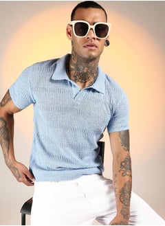 كامبوس سوترا Men's Powder Blue Brick-Ribbed Polo T-Shirt  - Image 1