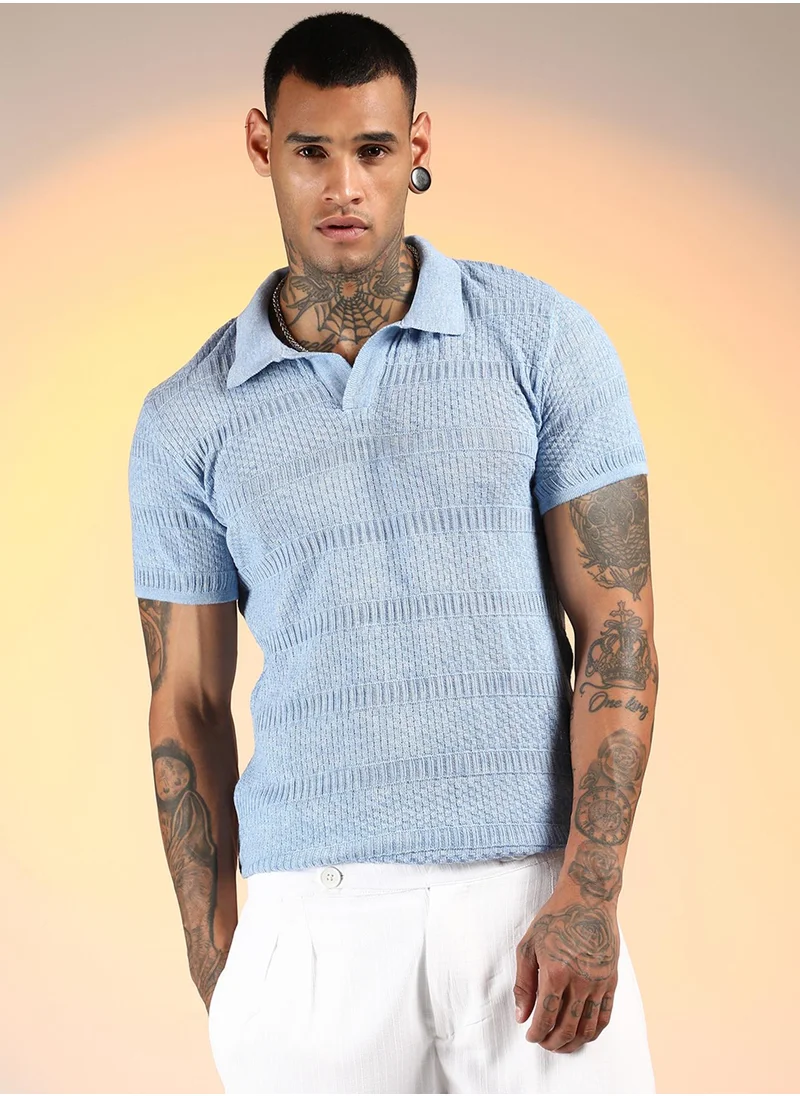Campus Sutra Men's Powder Blue Brick-Ribbed Polo T-Shirt