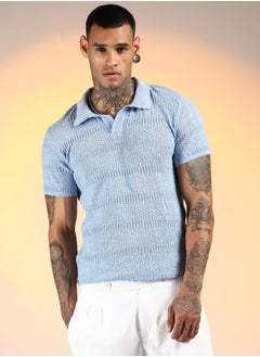 كامبوس سوترا Men's Powder Blue Brick-Ribbed Polo T-Shirt  - Image 2