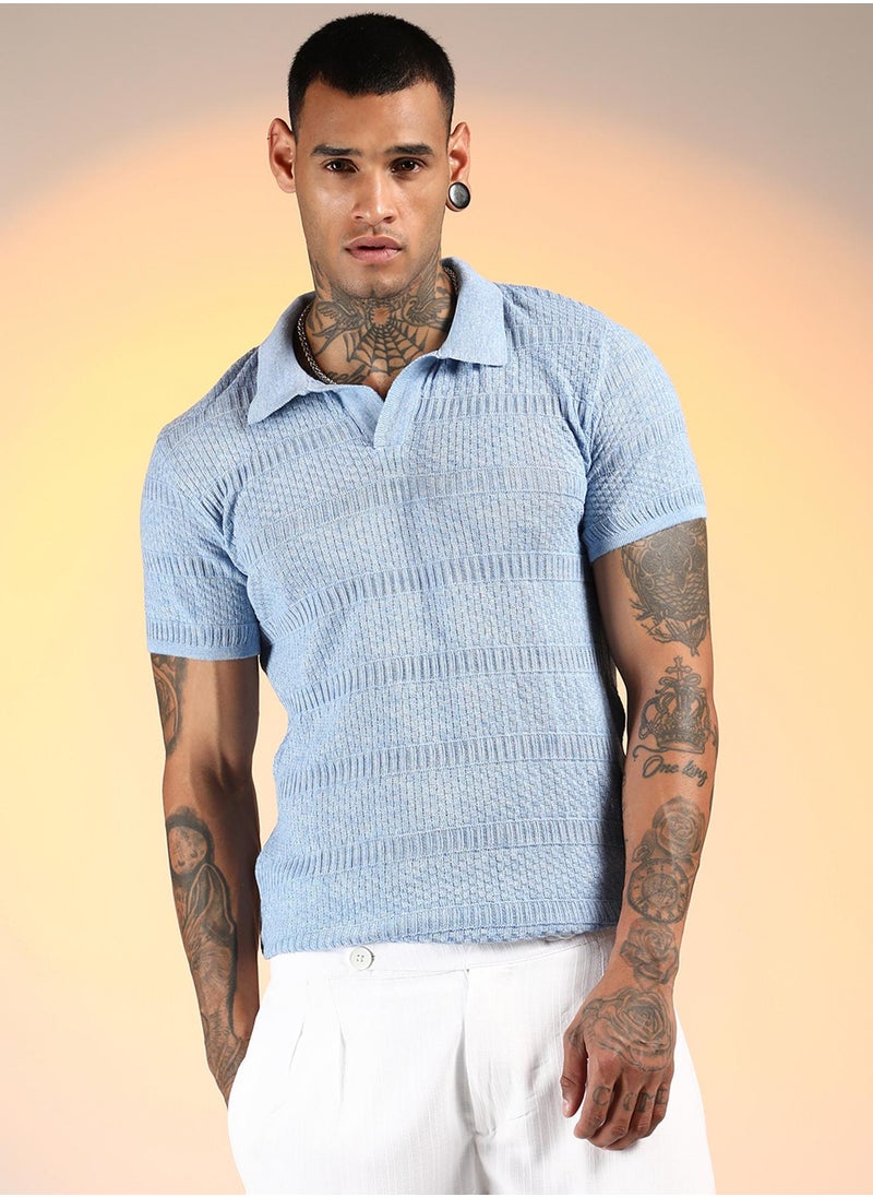 Campus Sutra Men's Powder Blue Brick-Ribbed Polo T-Shirt  - Image 2