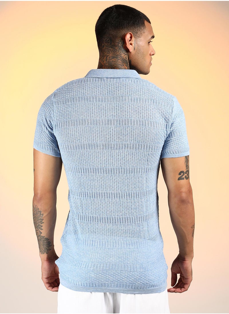 Campus Sutra Men's Powder Blue Brick-Ribbed Polo T-Shirt  - Image 5
