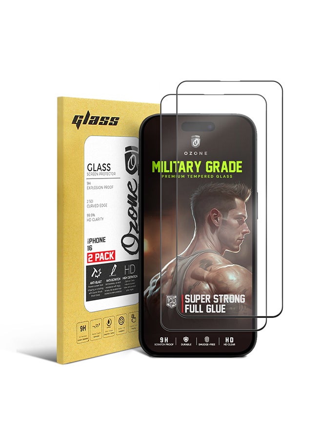 O Ozone 2 Pack Full Coverage Tempered Glass for iPhone 16 Screen Protector, 9H Hardness Black Edge Tempered Glass Film HD Clear, Case Friendly Screen Guard - Image 1