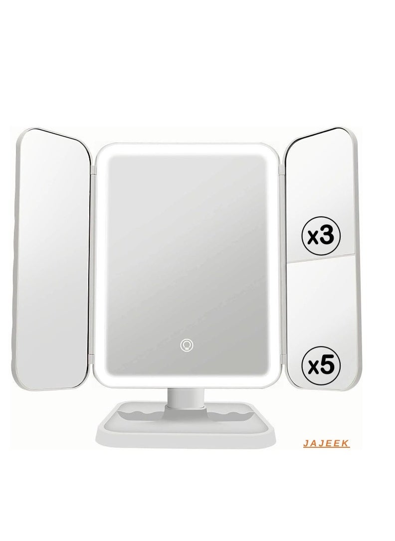 JAJEEK "3-Fold Lighted Makeup Mirror with 5X/3X/1X Magnification | 52 LED Vanity Mirror with Adjustable Brightness & Touch Screen Control | 180° Adjustable Rotation | Portable & Foldable Countertop Cosmetic Mirror for Flawless Makeup Application" - Image 1