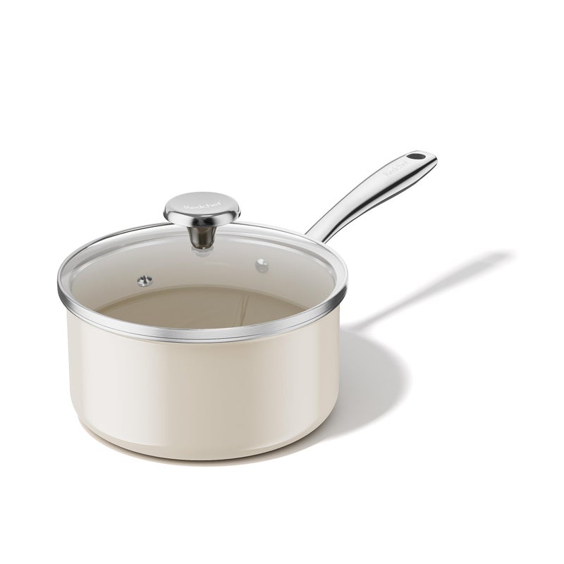 Redchef Ceramic Sauce Pan with Lid, 2.5QT Small Saucepan, Nonstick Cooking Pot with Stay-Cool Handle, Kitchen Non Toxic Soup Pot, PTFE & PFOA Free, Oven Dishwasher Safe, Compatible All Stovetops-Beige - Image 1