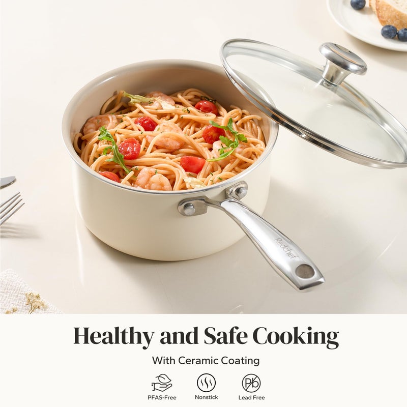 Redchef Ceramic Sauce Pan with Lid, 2.5QT Small Saucepan, Nonstick Cooking Pot with Stay-Cool Handle, Kitchen Non Toxic Soup Pot, PTFE & PFOA Free, Oven Dishwasher Safe, Compatible All Stovetops-Beige - Image 3