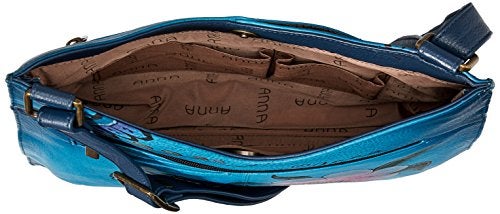 Anna by Anuschka Women's Genuine Leather Large V Top Multi-Compartment Cross Body | Hand Painted Original Artwork | Denim Paisley Floral - Image 5