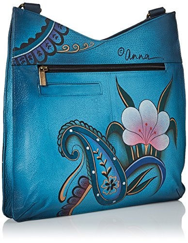 Anna by Anuschka Women's Genuine Leather Large V Top Multi-Compartment Cross Body | Hand Painted Original Artwork | Denim Paisley Floral - Image 2