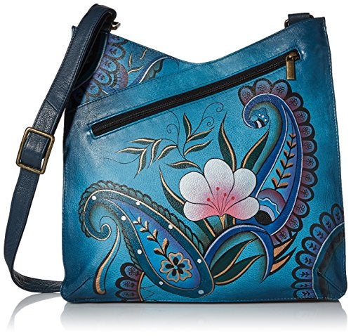 Anna by Anuschka Women's Genuine Leather Large V Top Multi-Compartment Cross Body | Hand Painted Original Artwork | Denim Paisley Floral - Image 1