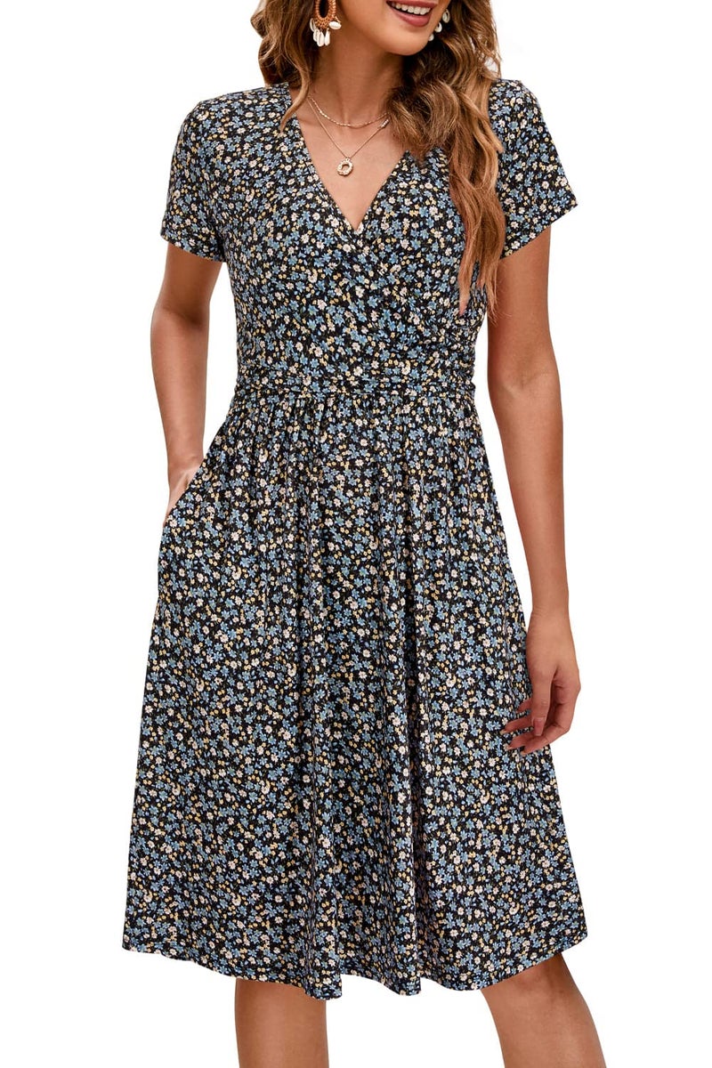 OUGES Women's 2025 Summer Short Sleeve V Neck Floral Midi Dress with Pockets Maternity Nursing Wrap Dresses Clothes(Floral C,L) - Image 1