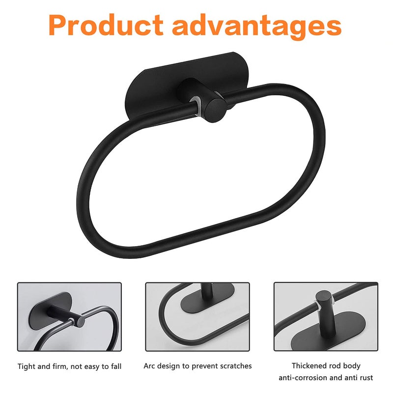 Besteffie Adhesive Towel Ring Self Adhesive Hand Towel Ring Stainless Steel Rustproof Bathroom Towel Holder Wall Mount SUS 304 Stainless Steel Matte Black - Image 3