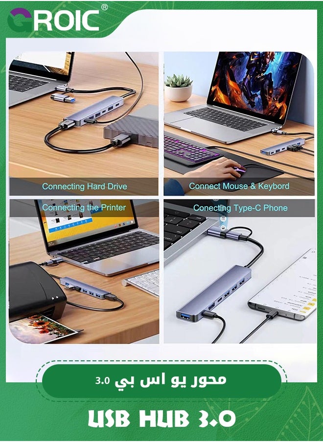 GROIC - USB C Hub USB Hub 3.0, Aluminum 7 in 1 USB Extender, USB Splitter with 1 x USB 3.0, 4 x USB 2.0 and 2 x USB C Ports for MacBook Pro Air and More PC/Laptop/Tablet Devices - Image 1