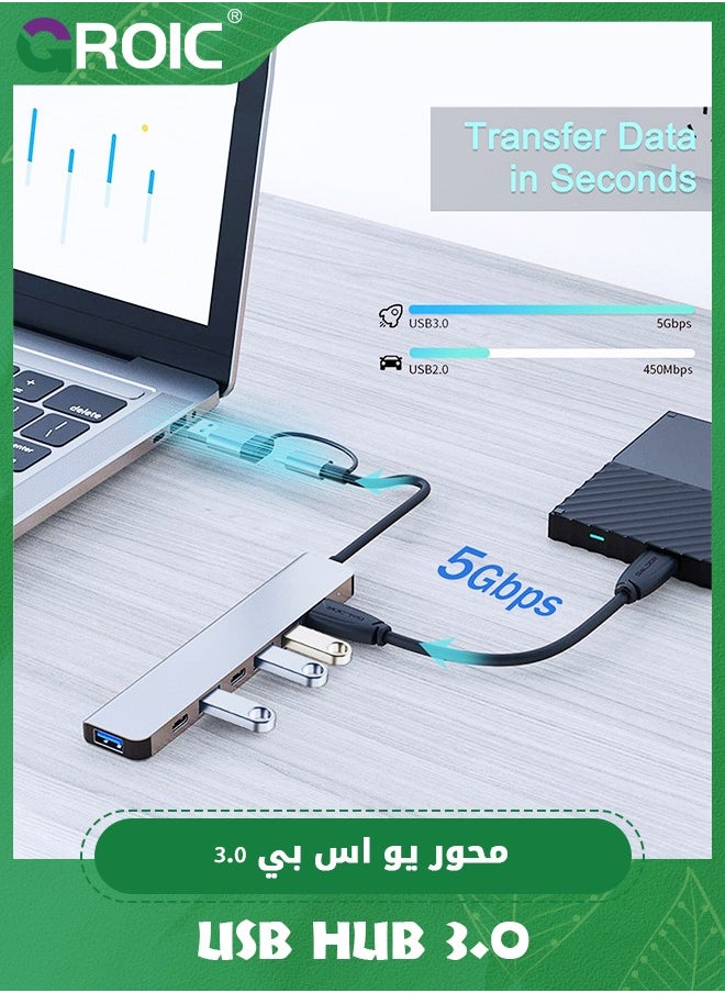 GROIC - USB C Hub USB Hub 3.0, Aluminum 7 in 1 USB Extender, USB Splitter with 1 x USB 3.0, 4 x USB 2.0 and 2 x USB C Ports for MacBook Pro Air and More PC/Laptop/Tablet Devices - Image 1