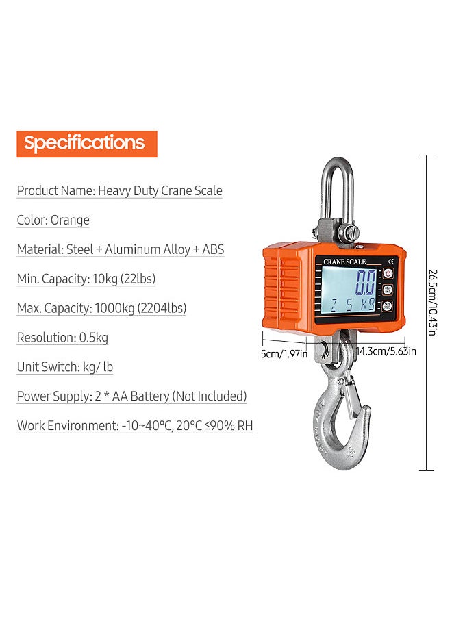 Generic - Digital Hanging Scale 1000kg/ 2204lbs Portable Heavy Duty Crane Scale LCD Backlight Industrial Hook Scales Unit Change/ Data Hold/ Tare/ Zero - Image 1