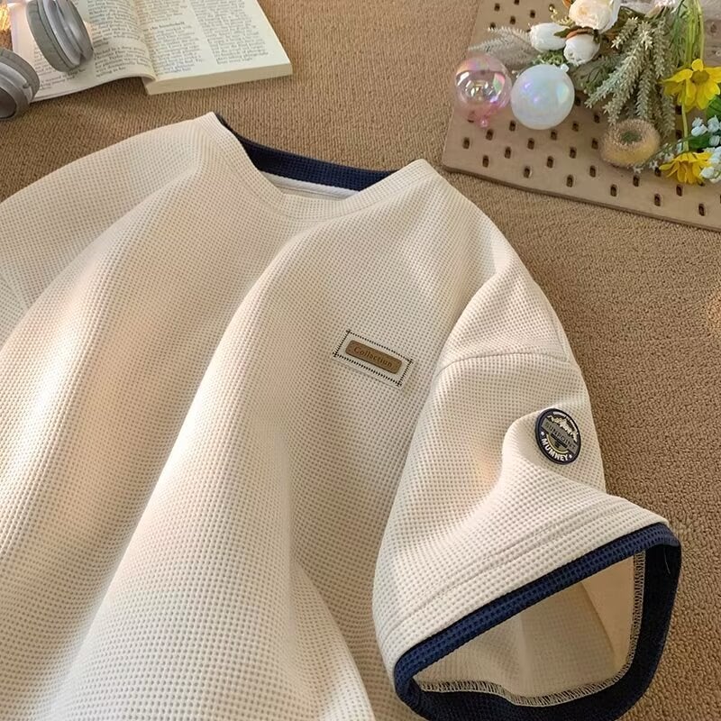 Source Manufacturer Fake Two-Piece Waffle Short-Sleeved T-Shirt Men'S Half-Sleeved Hong Kong Style Loose Design Summer Oversize - Image 5