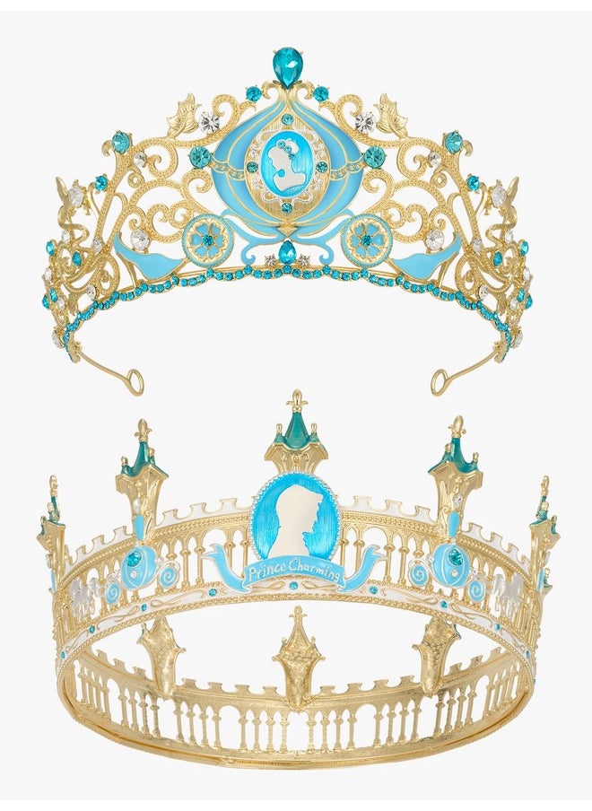 SWEETV Couple Crowns For Women & Men,Crystal Queen Tiara King Crown Set,2-Pack Midnight Magic Medieval Hair Accessories For Prom Wedding Photo Shoot Birthday, Gold+Blue  - Image 1