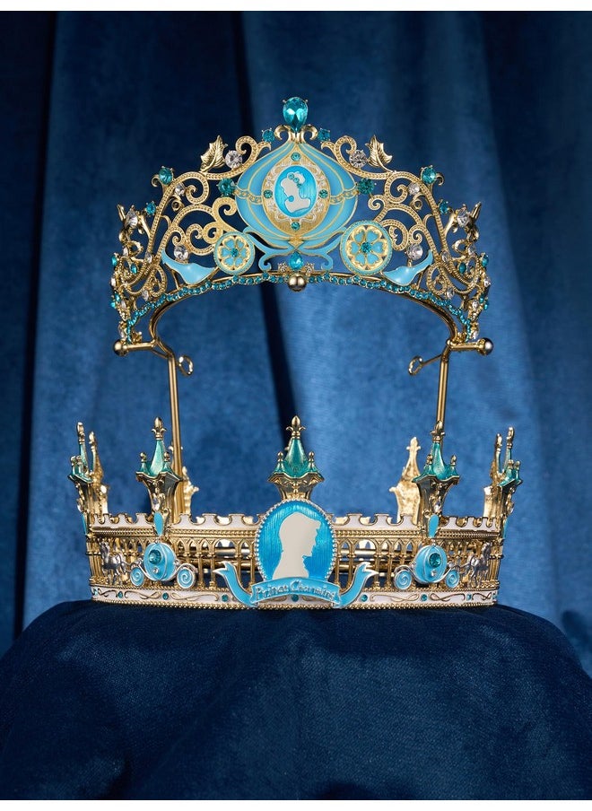 SWEETV Couple Crowns For Women & Men,Crystal Queen Tiara King Crown Set,2-Pack Midnight Magic Medieval Hair Accessories For Prom Wedding Photo Shoot Birthday, Gold+Blue  - Image 5