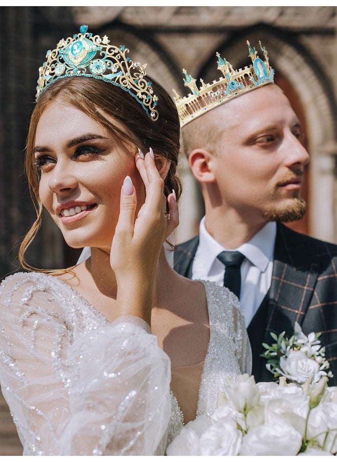 SWEETV Couple Crowns For Women & Men,Crystal Queen Tiara King Crown Set,2-Pack Midnight Magic Medieval Hair Accessories For Prom Wedding Photo Shoot Birthday, Gold+Blue  - Image 2