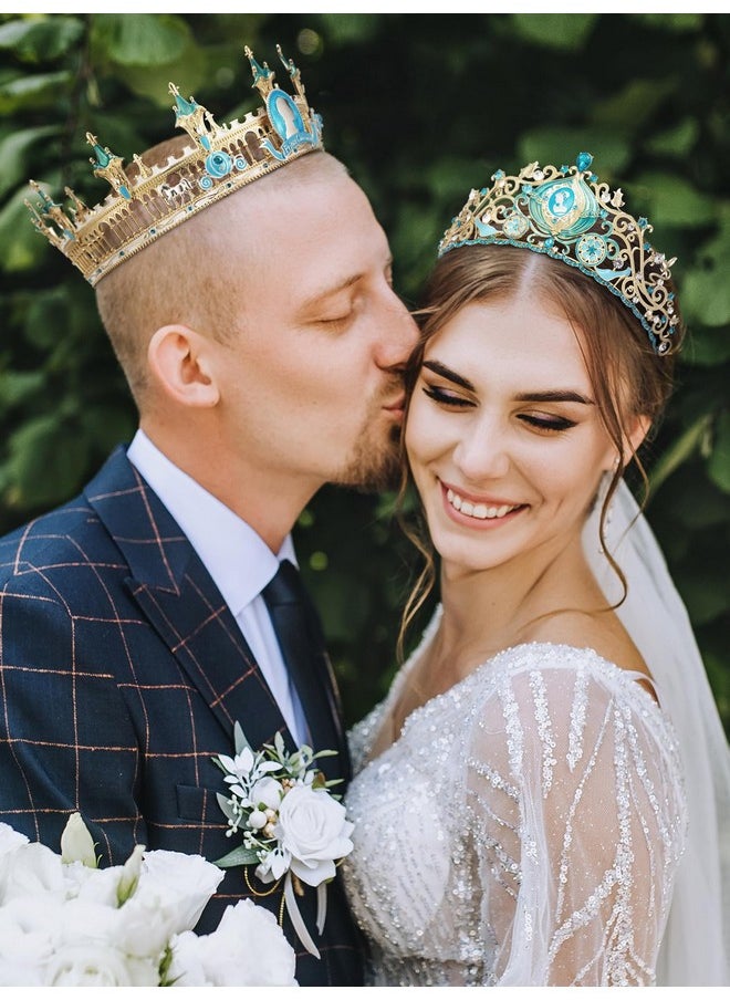 SWEETV Couple Crowns For Women & Men,Crystal Queen Tiara King Crown Set,2-Pack Midnight Magic Medieval Hair Accessories For Prom Wedding Photo Shoot Birthday, Gold+Blue  - Image 3