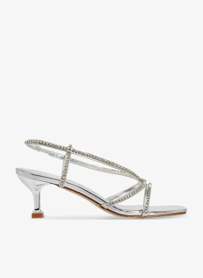 Khizana Silver Rhinestone Detail Embellished Mid Heel Sandals