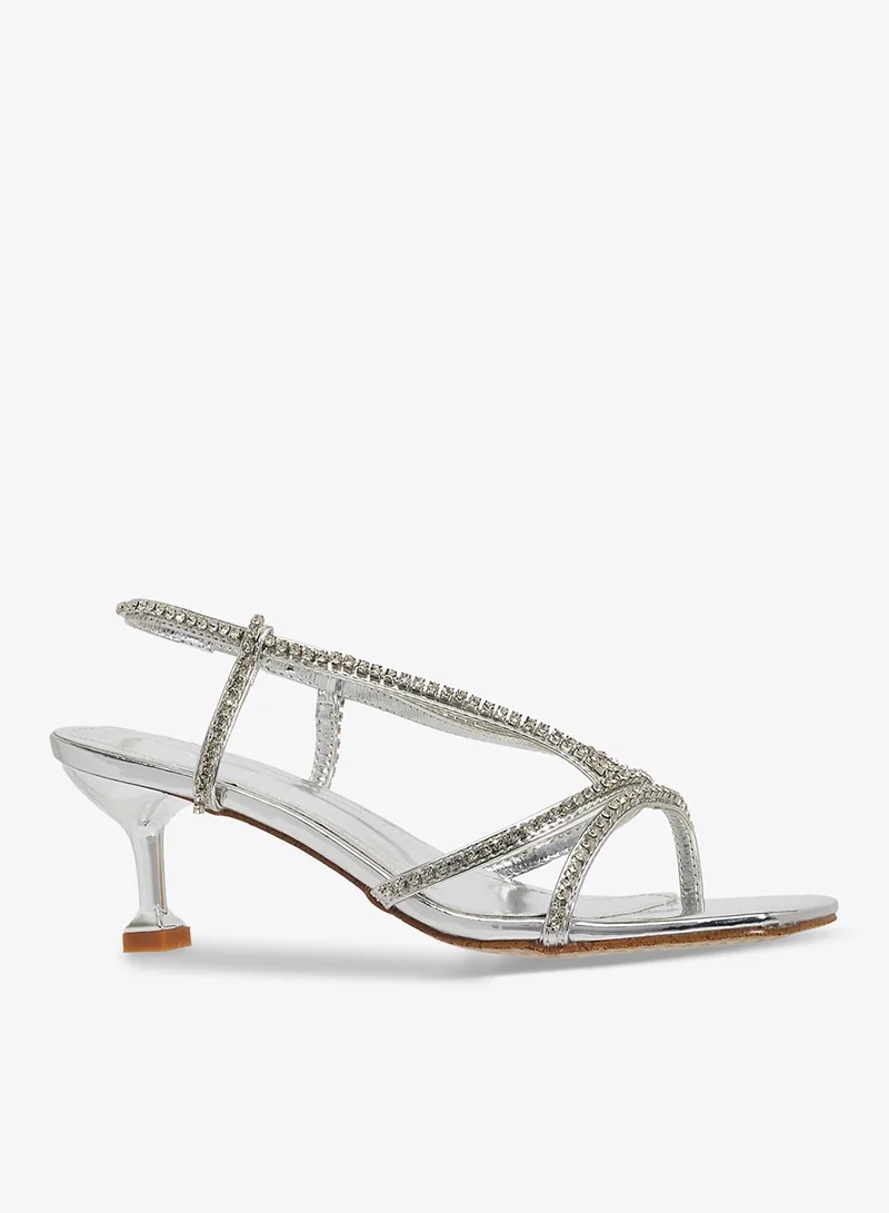 Khizana Silver Rhinestone Detail Embellished Mid Heel Sandals