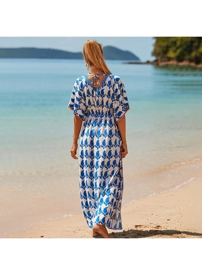 إسكدنيا ثوب عطلات فضفاض كبير الحجم من الحرير الصناعي الأوروبي والأمريكي، بلوزة واقية من الشمس، معطف للشاطئ، بي، ملابس سباحة خارجية - اللون: أزرق داكن (ZS1643-7) - - Image 4