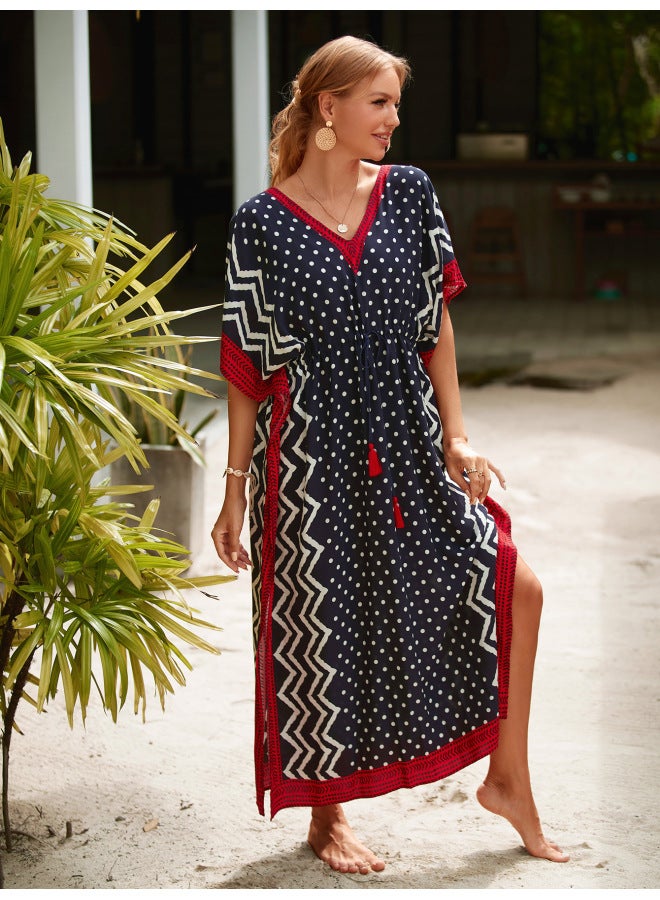 إسكدنيا ثوب عطلات فضفاض كبير الحجم من الحرير الصناعي الأوروبي والأمريكي، بلوزة واقية من الشمس، معطف للشاطئ، بي، ملابس سباحة خارجية - اللون: أزرق داكن (ZS1643-7) - - Image 1