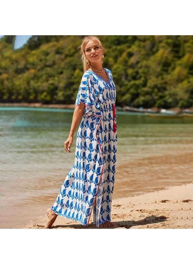 إسكدنيا ثوب عطلات فضفاض كبير الحجم من الحرير الصناعي الأوروبي والأمريكي، بلوزة واقية من الشمس، معطف للشاطئ، بي، ملابس سباحة خارجية - اللون: أزرق داكن (ZS1643-7) - - Image 3