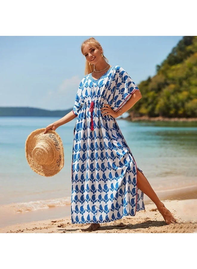 إسكدنيا ثوب عطلات فضفاض كبير الحجم من الحرير الصناعي الأوروبي والأمريكي، بلوزة واقية من الشمس، معطف للشاطئ، بي، ملابس سباحة خارجية - اللون: أزرق داكن (ZS1643-7) - - Image 5