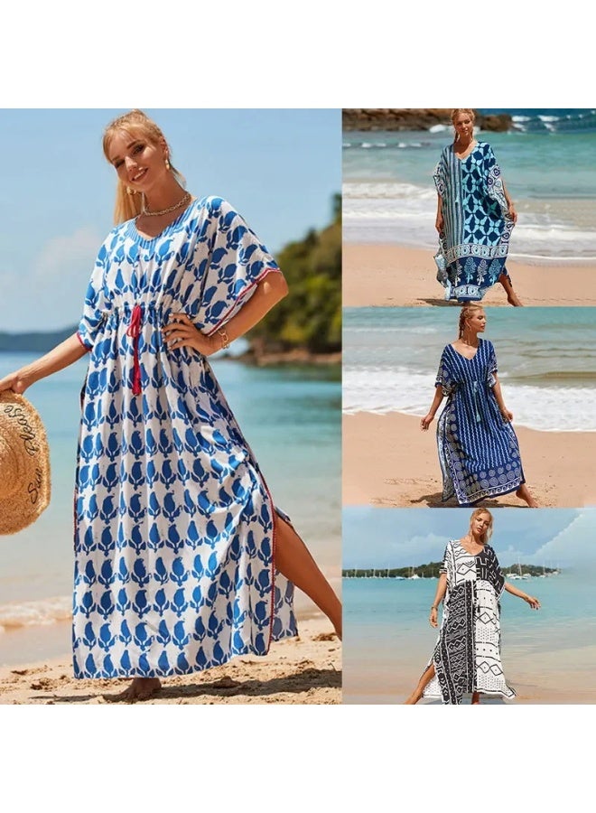 إسكدنيا ثوب عطلات فضفاض كبير الحجم من الحرير الصناعي الأوروبي والأمريكي، بلوزة واقية من الشمس، معطف للشاطئ، بي، ملابس سباحة خارجية - اللون: أزرق داكن (ZS1643-7) - - Image 2