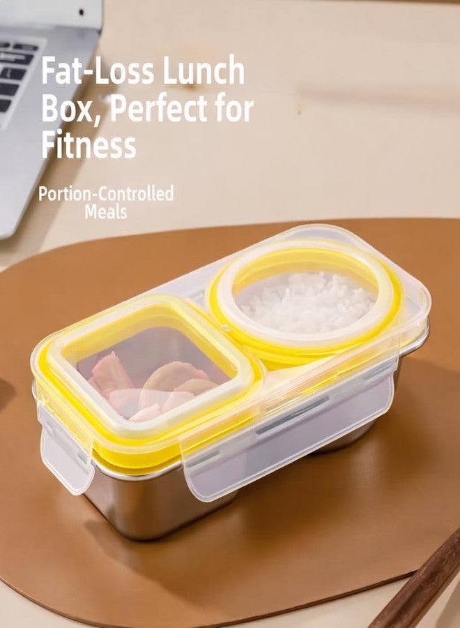KitchEase Stainless Steel 460ml Lunch Box with Airtight Leakproof Lid | 2-Compartment Food Container | Lid with Silicone Seal | Office, School & Travel Tiffin Box (Natural Yellow) - Image 4