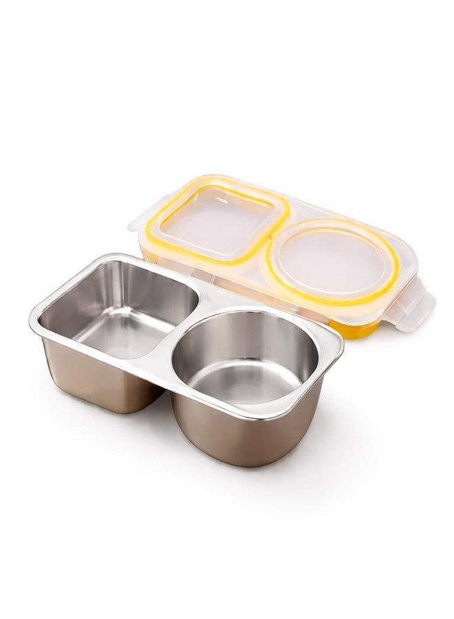 KitchEase Stainless Steel 460ml Lunch Box with Airtight Leakproof Lid | 2-Compartment Food Container | Lid with Silicone Seal | Office, School & Travel Tiffin Box (Natural Yellow) - Image 1