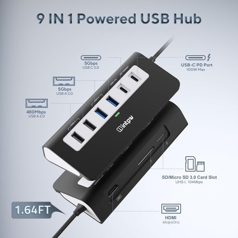 intpw موزع USB-C من النوع 9 في 1 مزود بمنفذ HDMI يدعم دقة 4K، ومنفذ PD بقدرة 100 واط، و3 منافذ USB 3.0 بسرعة 5 جيجابت في الثانية، ومنفذي USB 2.0، وقارئ بطاقات SD/TF. متوافق مع أجهزة MacBook Air/Pro - Image 2