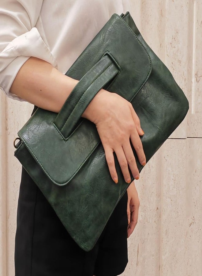 NIGEDU Women Handbags PU Leather Female Clutch Handbag Messenger Bag Large Solid High Capacity, Dark Green, 37cm x 25cm x 3cm - Image 3