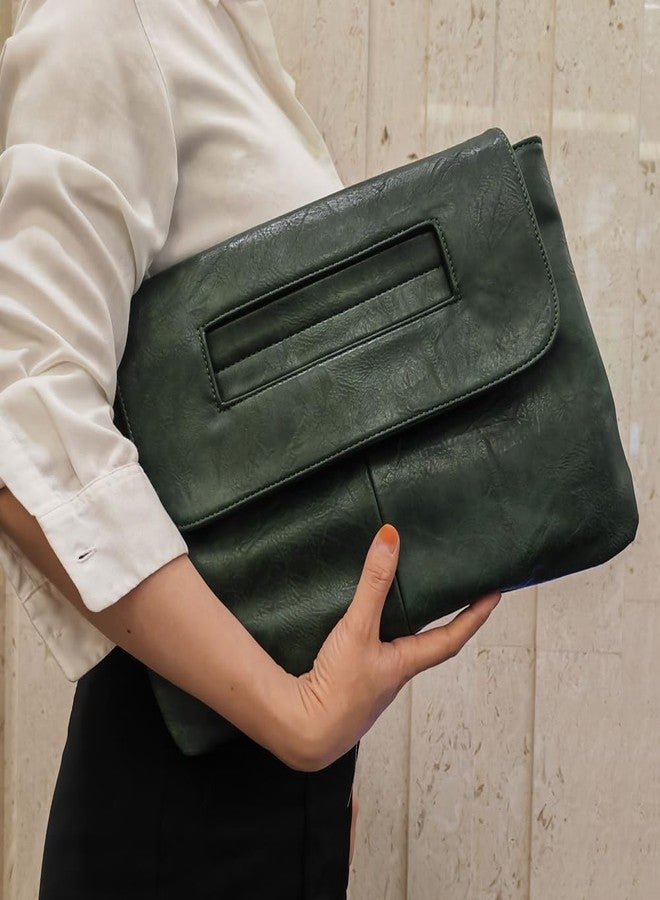 NIGEDU Women Handbags PU Leather Female Clutch Handbag Messenger Bag Large Solid High Capacity, Dark Green, 37cm x 25cm x 3cm - Image 2