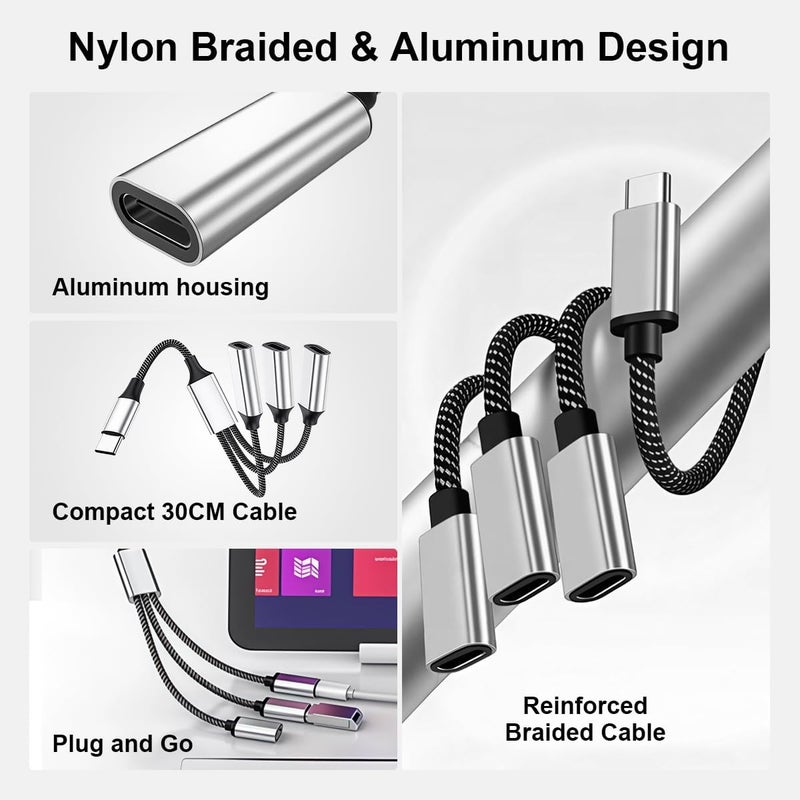 إليفانت بوت محور تقسيم USB-C إلى 3 منافذ USB-C من Verilux®، محور Type-C مضفر من النايلون مع هيكل ألومنيوم، منفذا بيانات مزدوجان بسرعة 480 ميجابت في الثانية ومنفذ شحن بقدرة 60 واط (PD) لأجهزة الكمبيوتر المحمولة والأجهزة اللوحية والهواتف الذكية - Image 4