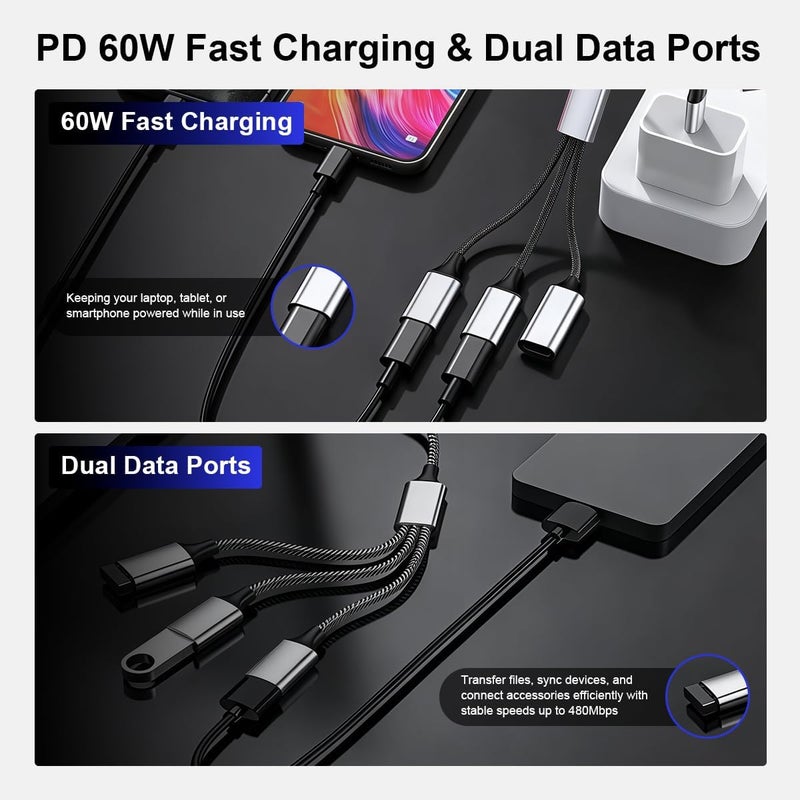إليفانت بوت محور تقسيم USB-C إلى 3 منافذ USB-C من Verilux®، محور Type-C مضفر من النايلون مع هيكل ألومنيوم، منفذا بيانات مزدوجان بسرعة 480 ميجابت في الثانية ومنفذ شحن بقدرة 60 واط (PD) لأجهزة الكمبيوتر المحمولة والأجهزة اللوحية والهواتف الذكية - Image 3