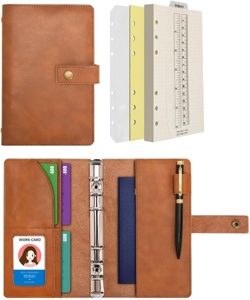 WONDERPOOL A6 Leather Journal Refillable Notebook Spiral Diary Binder Portfolio - Dotted Paper & Inner Pockets Organizer for Man and Woman (Brown, A6) - Image 1