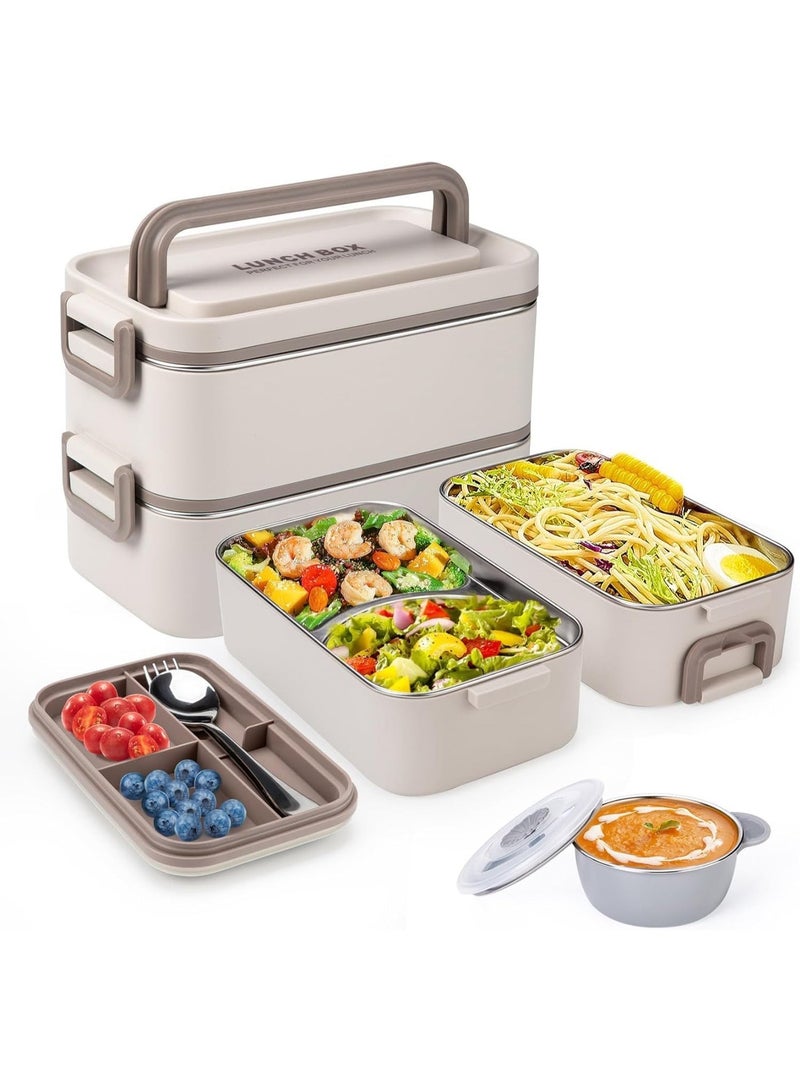 صندوق بنتو للكبار صندوق الغداء ، 2 طبقة قابلة للتراكم 304 فولاذ المقاوم للصدأ حاوية الغداء مع شوكة علبة الحساء ملعقة ، 2 لتر كبيرة السعة تسرب دليل صندوق الغداء للبالغين الأطفال مكتب نزهة مدرسة - Image 1