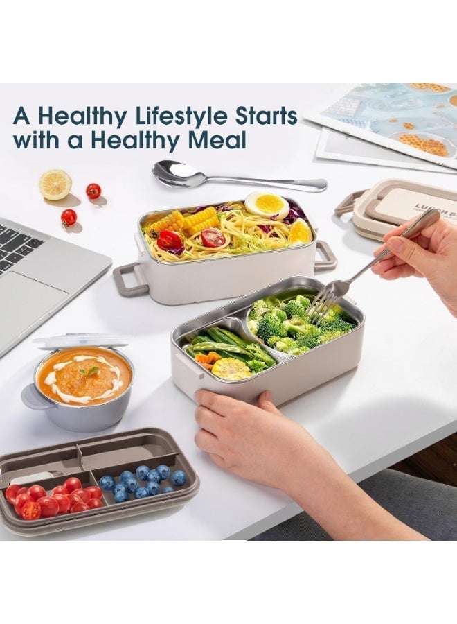 صندوق بنتو للكبار صندوق الغداء ، 2 طبقة قابلة للتراكم 304 فولاذ المقاوم للصدأ حاوية الغداء مع شوكة علبة الحساء ملعقة ، 2 لتر كبيرة السعة تسرب دليل صندوق الغداء للبالغين الأطفال مكتب نزهة مدرسة - Image 4