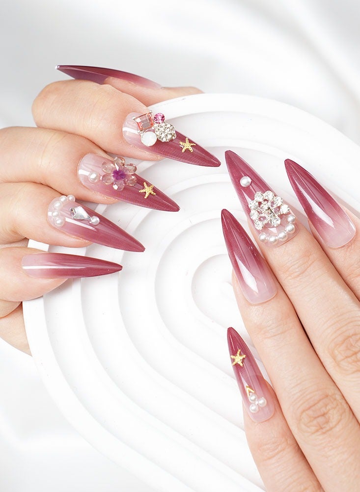 24 Pieces Press-On Nail Art Patches, With Nail Art Tool Kit, Wine Red, Diamonds, Pointed Long Nail Patches, Temperament Models Daily Versatile, Convenient Patches, Health And Safety - Image 1