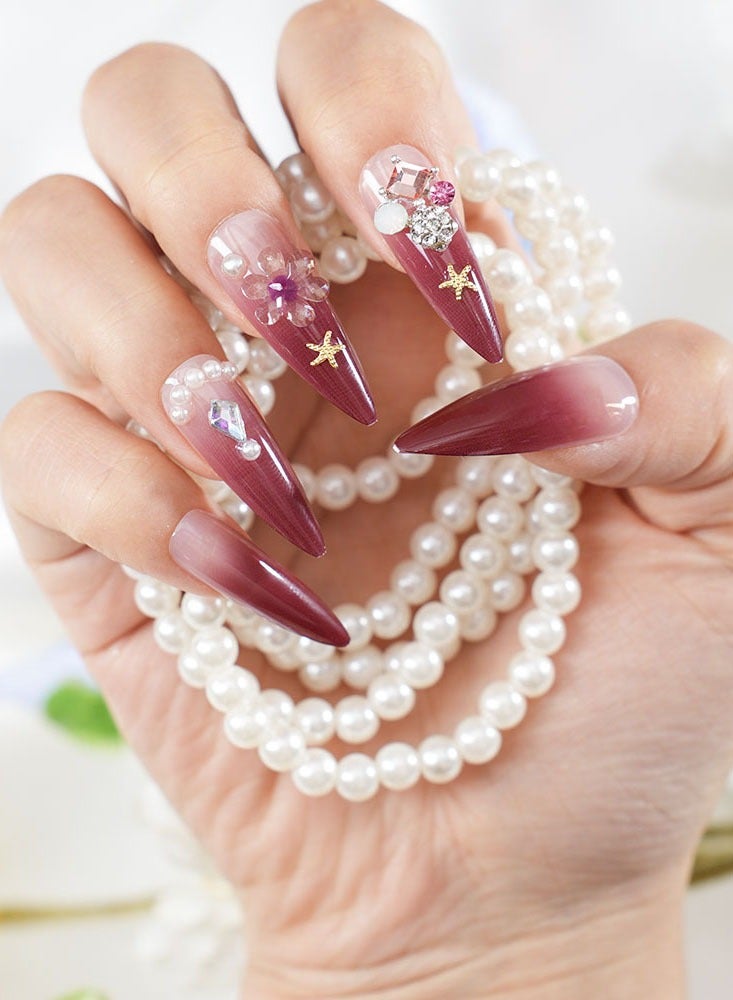 24 Pieces Press-On Nail Art Patches, With Nail Art Tool Kit, Wine Red, Diamonds, Pointed Long Nail Patches, Temperament Models Daily Versatile, Convenient Patches, Health And Safety - Image 2