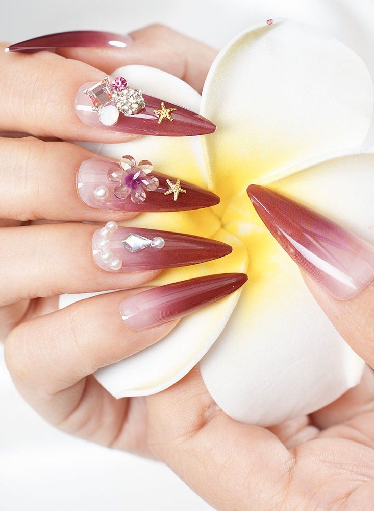 24 Pieces Press-On Nail Art Patches, With Nail Art Tool Kit, Wine Red, Diamonds, Pointed Long Nail Patches, Temperament Models Daily Versatile, Convenient Patches, Health And Safety - Image 3