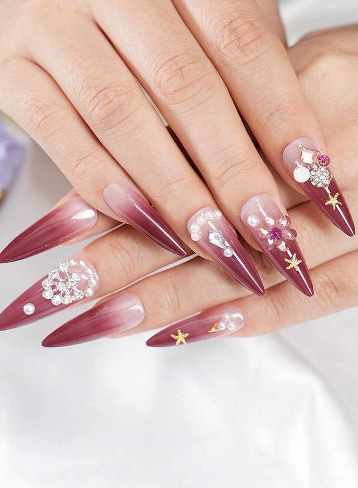 24 Pieces Press-On Nail Art Patches, With Nail Art Tool Kit, Wine Red, Diamonds, Pointed Long Nail Patches, Temperament Models Daily Versatile, Convenient Patches, Health And Safety - Image 4